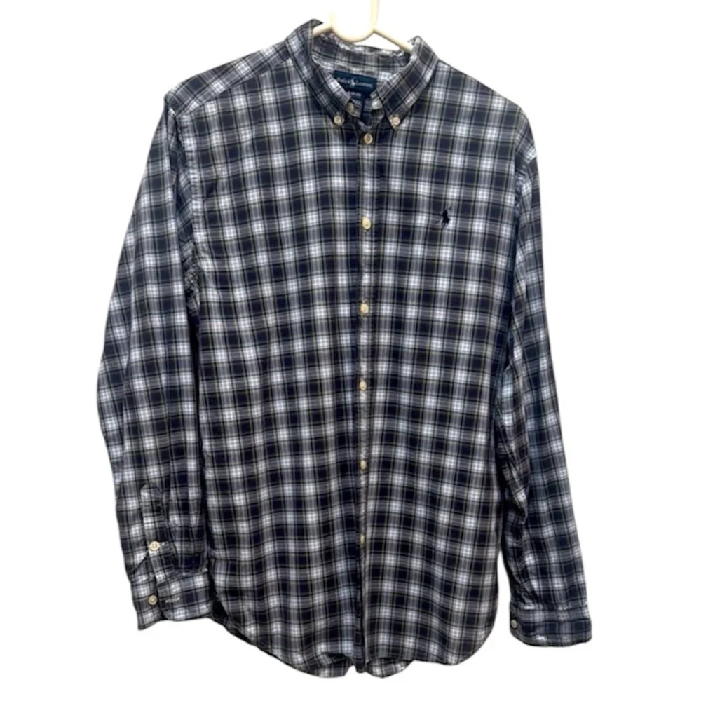 Ralph Lauren Blue Green and White Plaid Button Down Shirt Youth XL 18-20